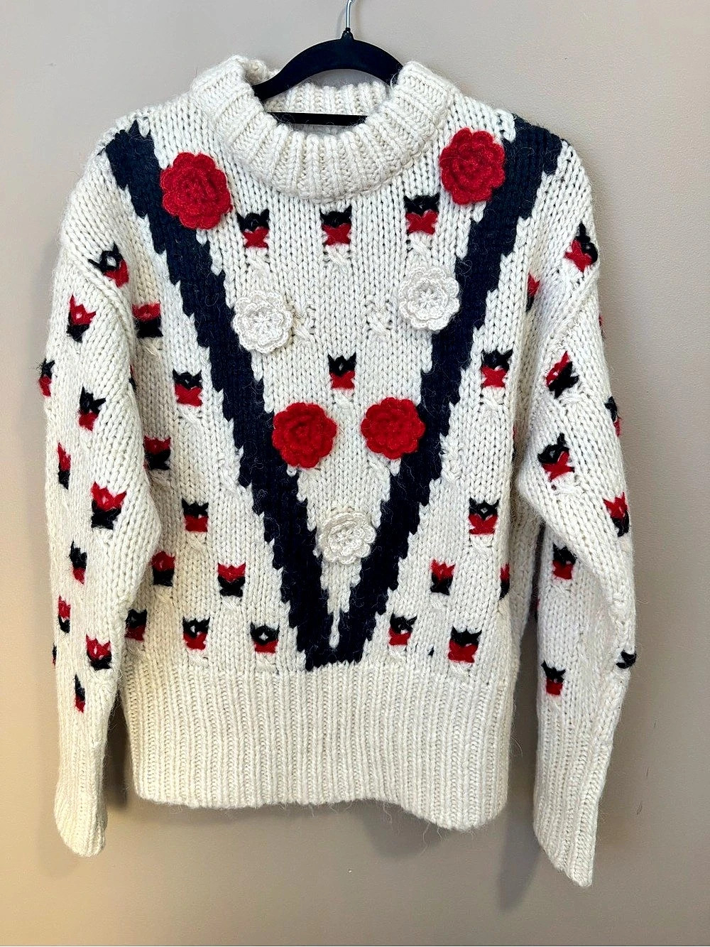 ZARA Women's Chunky Knit Floral Appliqué Mock Neck Sweater SMALL S